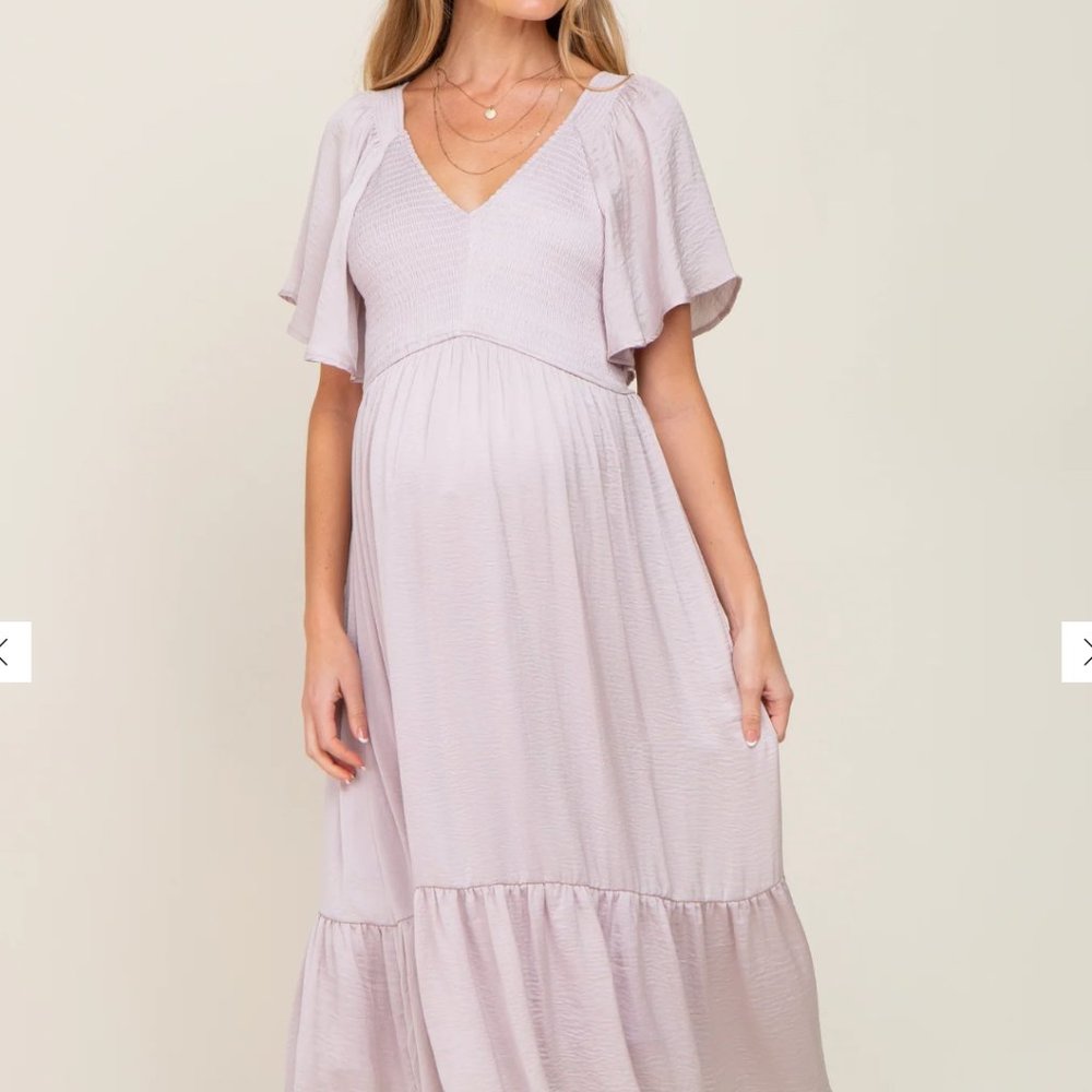 Pinkblush Grey Lavender Satin Smocked Maternity Midi Dress size S